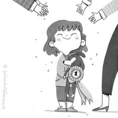 a drawing of a woman holding a rosette in front of other people's hands