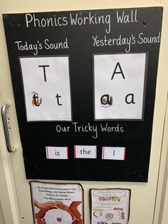 a door with posters on it that say phonics working wall today's sound