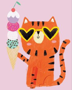 a drawing of a cat wearing sunglasses and holding an ice cream cone