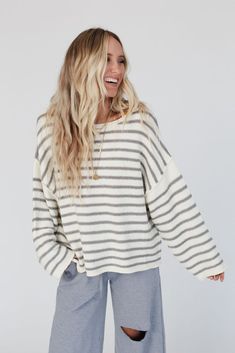 All My Stripes Oversized Sweater - Ivory Gray | Three Bird Nest Cute Sweaters For Fall, Aesthetic Sweaters, Modest Casual Outfits, Never Been Better, Outfit Inspo Casual, Exposed Seams, Cute Preppy Outfits, Cute Everyday Outfits, Clothing Hacks