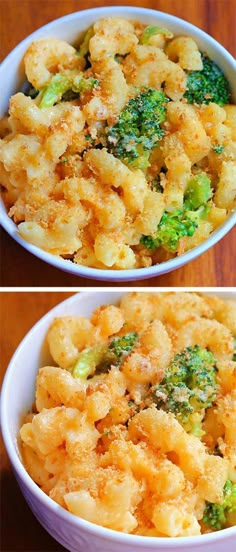 two bowls filled with macaroni and cheese covered in broccoli