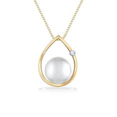 14K Yellow Gold Raindrop Pendant with a 7-7.5mm White Akoya Pearl and a 0.02 Carat Diamond. 17" 14K Yellow Gold Chain included. The pendant measures approximately 9/16" in length. Akoya Pearls, Yellow Gold Chain, Fine Jewels, Rain Drops, Pearl Jewelry, Gold Chain, Gold Chains, Yellow Gold, White Gold