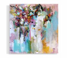 an abstract painting with flowers in a vase