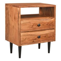 a wooden nightstand with two drawers on one side and black legs, against a white background