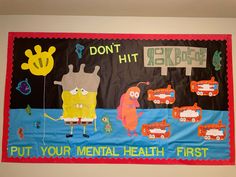 RA board on mental health and ways to treat it. Spongebob themed. Spongebob Bulletin Board Ideas, Ra Bulletin Boards Spongebob, Mental Health Ra Board, Mental Health Ra Bulletin Board, Mental Health Bulletin Board Ideas, Ra Floor Themes, Res Life Door Decs