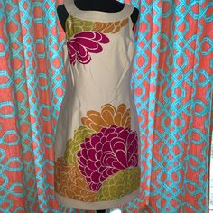 Ivory Dress With A Beautiful, Colorful, Flower Design In A Size 10. (R8) Beige Cotton Mini Dress With Floral Print, Sparkle Gown, Black Beaded Dress, New York Dress, Satin Cocktail Dress, Black Silk Dress, Ivory Dress, Womens Prom Dresses, Tropical Dress