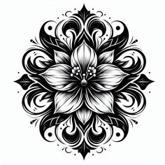 a black and white drawing of a flower with swirls in the middle, on a white