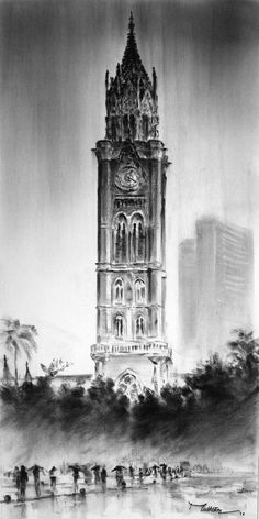 a black and white drawing of a clock tower