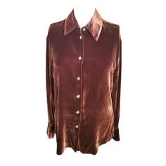 St. Michael by Marks & Spencer  Vintage Womens Silk Velvet Blend Button Down Shirt Chocolate brown color  Silk blend Sz 6 Formal Brown Top With Button Closure, Formal Brown Button-up Top, Formal Button-up Tops With Covered Buttons, Formal Collared Tops With Buttons, Formal Button-up Tops, Fall Button-up Tops With Covered Buttons, Classic Collared Blouse With Snap Buttons, Formal Button-up Top For Fall, Formal Fall Shirt With Buttons