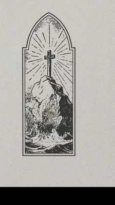 an image of a cross on top of a mountain with waves in the water below