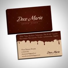 two business cards with chocolate drizzled on the front and back, one for doce marina