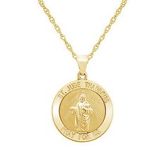 Proudly display your faith and keep a symbol of it close with the classic refinement of this 14K yellow gold St. Jude medallion pendant with chain. Hallmarked Yellow Gold Pendant Medallion Necklace, Hallmarked Yellow Gold Medallion Pendant Necklace, Yellow Gold Polished Medallion Necklace, Yellow Gold Medallion Necklace With Polished Finish, Classic Yellow Gold Medallion Pendant Necklace, Classic Yellow Gold Medallion Necklace, 14k Yellow Gold Round Pendant Medallion Necklace, 14k Yellow Gold Medallion Necklace, 14k Yellow Gold Medallion Necklace With Round Pendant