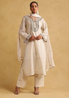 Ritu Kumar-Off-White Embroidered Kurta Set-INDIASPOPUP.COM Cotton Palazzo Pants, Cotton Art, Motif Embroidery, Kurta Cotton, Long Kurta, Embroidered Suit, Ritu Kumar, Kurta Design, White Kurta