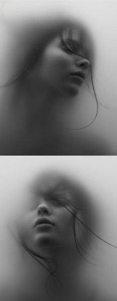 two images of a woman's face in the fog