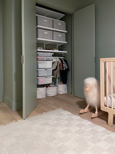 a baby's room with a crib and shelves