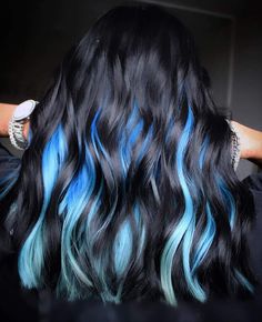 Black And Bright Blue Hair, Multicolor Blue Hair, Blue And Black Hair Extensions, Electric Blue Highlights In Black Hair, Electric Blue Hair Aesthetic, Weird Hair, Hair Play, Hair Dye Tips, Dark Blue Hair