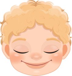 a child's face with closed eyes and blonde hair, smiling for the camera