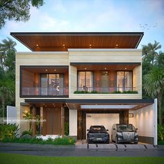 two cars parked in front of a modern house