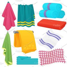 colorful towels and other items for the bathroom on a white background, flat lay style