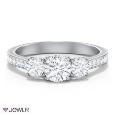 three stone engagement ring with diamonds on the band and side stones set in white gold