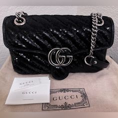 Authentic Gucci Black Sequin Marmont With Silver Hardware. Comes With Booklets And Dustbag. Adjustable Strap. No Returns Or Cancellations No Trades Silver Handbag, Sequin Bag, Bags Gucci, Gucci Marmont, Gucci Black, Gucci Bags, Black Sequins, Designer Bags, Silver Hardware