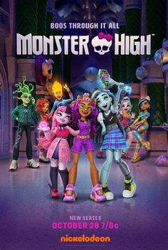 the poster for monster high, which features five girls in costumes and one girl with purple hair