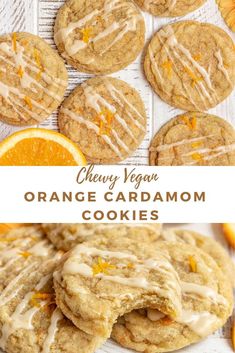 orange cardamo cookies with icing on top and an orange slice in the middle