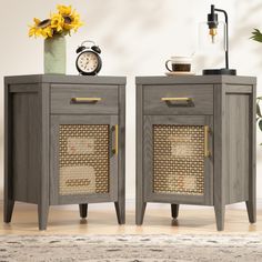 two side tables with wicker baskets on them, one has an alarm clock and the other is a vase with sunflowers