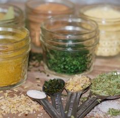 several spoons filled with different types of spices