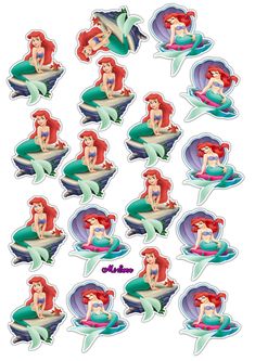 the little mermaid stickers are shown in various shapes and sizes, with different colors