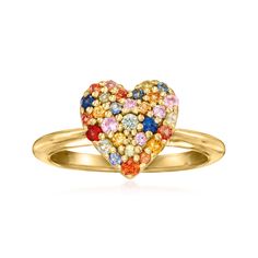 Ross-Simons - .60ct t. w. Multicolored Sapphire Heart Ring Over Sterling. Size 8. Fall in love with color! Our vibrant heart ring is sparked with .60 ct. t. w. round multicolored sapphires set in polished 18kt yellow gold over sterling silver. 3/8" wide. Multicolored sapphire heart ring. Heart-shaped Multicolor Promise Ring, Multicolor Heart Promise Ring For Valentine's Day, Multicolor Heart Ring For Valentine's Day, Multicolor Heart-shaped Anniversary Ring, Multicolor Rings For Anniversary On Valentine's Day, Multicolor Rings For Anniversary Valentine's Day, Multicolor Rings For Valentine's Day Anniversary, Rainbow Engagement Ring, Sapphire Heart Ring