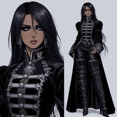 a drawing of a woman wearing black clothing with silver accents on her face and long hair