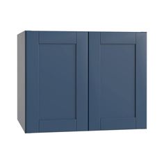 a blue cabinet with two doors on the side