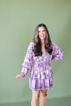 Unleash your inner flower child with the Ella Floral Mini Dress. With a gorgeous mauve color and delicate floral design, this mini dress is perfect for any occasion. The elastic waist allows for a comfortable fit, while the long sleeves and ruffle detail add a touch of romance. Product Details: Measurements: BUST small 17" medium 17.5" large 18" LENGTH small 32" medium 33" large 33.5" 100% viscose long sleeves mini dress elastic waist drawstring tassel details model wearing size small model stat Skort Outfit, Nickel And Suede, Mauve Color, Autumn Sales, Flower Child, Top Collection, Floral Mini Dress, Long Sleeve Mini Dress, Bottoms Pants