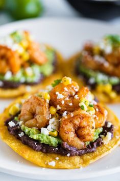 shrimp and black bean tostadas on corn tortilla