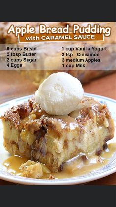 a piece of bread pudding on a plate with ice cream and caramel toppings