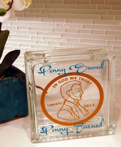 a glass block with an image of a person on it and the words penny samuel