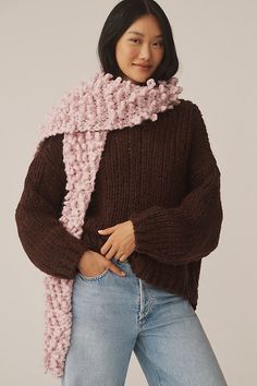 Frightful weather calls for delightfully cozy gifts. | Loop Scarf by Loopy Mango in Purple, Women's, Wool at Anthropologie Pom Pom Scarf Crochet, Loopy Mango, Cozy Gifts, Pompom Scarf, Purple Scarves, Mango Fashion, Scarf Crochet, Loop Scarf, Cozy Gift