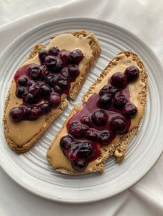 two pieces of bread with peanut butter and blueberries on them