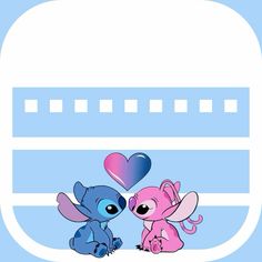 two cute little blue and pink cartoon animals with a heart on their forehead, standing next to each other