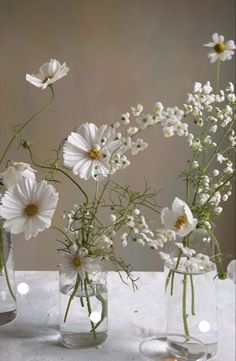 three vases filled with white flowers on top of a table