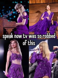 a woman in a purple dress standing next to a piano and singing into a microphone with the caption speak now tv was so robbeded off this