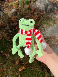 a hand holding a green stuffed frog with a red and white striped scarf around its neck