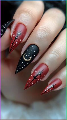 Halloween is the perfect time to get creative with your look, and your nails are no exception. If you’re searching for inspiration, black and red nail designs offer a mix of bold, spooky, and simple Red And Black Nails For Wedding, Black Acrylic Nails With Red Underneath, Red Celestial Nails, Halloween Nails Witchy, Red Halloween Nails Design, Stiletto Fall Nails Designs, Dark Red Halloween Nails, Black And Red Halloween Nail Designs, Red Witchy Nails