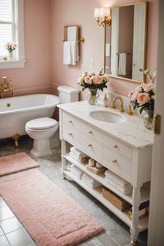 a bathroom with pink walls, white furniture and flowers on the sink vanity next to the bathtub