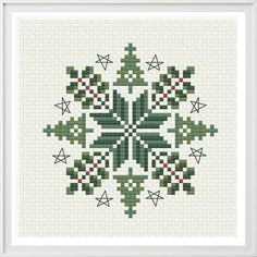 a cross stitch pattern with green leaves and stars in the center, on a white background