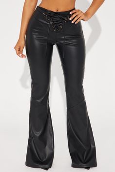 Available In Black. Flare Pant Low Rise Back Zip Closure Lace Up Detail Faux Leather Low Stretch Self: 100% Polyester Coating: 100% Polyurethane Imported | My Pleasure Faux Leather Flare Pant in Black size 3X by Fashion Nova Flare Pant, My Pleasure, Black Flare, Jeans Jumpsuit, Matching Dresses, Flare Pants, Active Wear For Women, Clothes For Sale, Low Rise