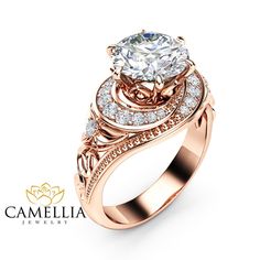 Moissanite Halo Engagement Ring 14K Rose Gold Filigree Ring 2 | Etsy Intricate Rose Gold Diamond Ring, Intricate Rose Gold Round Diamond Ring, Rose Gold Diamond Ring With Intricate Design, Moissanite Rose Gold Diamond Ring With Halo Setting, Elegant Rose Gold Diamond Ring With Halo Setting, Elegant Rose Gold Diamond Ring With Halo Design, Moissanite Halo Engagement Ring, Filigree Ring Gold, Vintage Inspired Engagement Rings