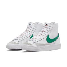 Nike Wmns Blazer Mid '77 Vintage 'White Malachite' CZ1055-119 Nike Blazer Mid 77 Women, Nike Blazer Mid 77 White, Blazers Nike, Blazer Mid 77 Vintage, Mid Top Shoes, Nike Blazer Mid 77, Look Retro, Veja Sneakers, Nike Blazers Mid