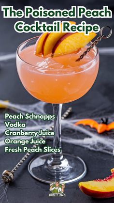 a cocktail with peaches and garnish on the rim